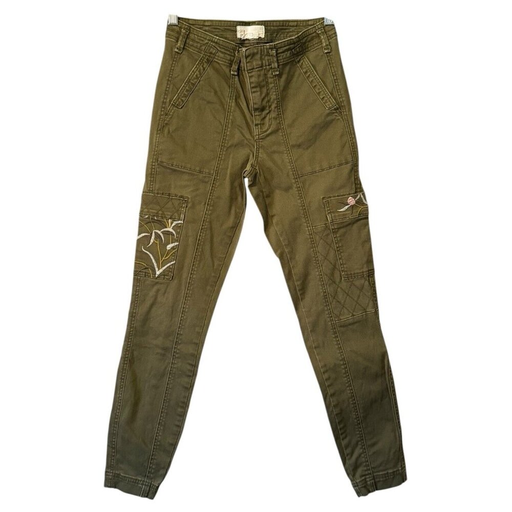 Anthropologie Women  Austen Embroidered Green Floral Cargo Skinny Pants Size‎ 26